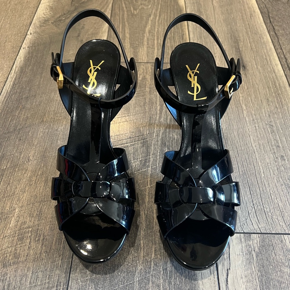 New Saint Laurent black patent tribute sandal heels 4” - Picture 2 of 9